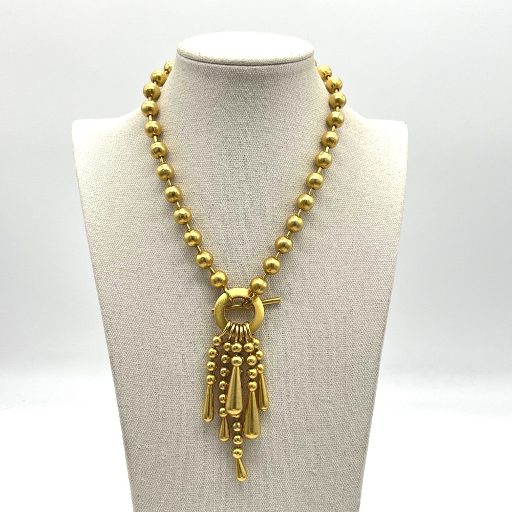 Matte Gold Beaded Statement Necklace Toggle Clasp Fringe Teardrop Ball Chain